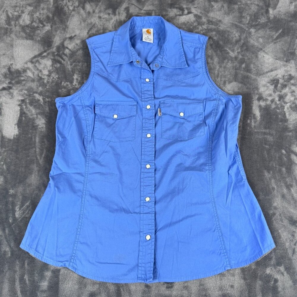 Carhartt For Women Sleeveless Pearl Snap Up Shirt Size XL Pockets Baby Blue